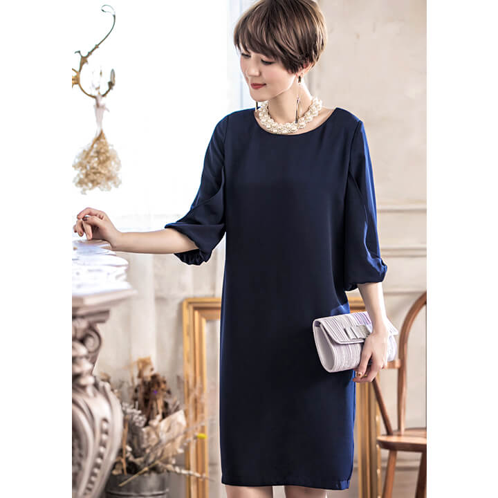 新版 クーポン利用で43円 パーティードレス 結婚式 ドレス ワンピース ミニドレス フォーマル ミディアム 膝丈 膝下 パーティドレス コクーンワンピ 二次会 演奏会 謝恩会 同窓会 女子会 七分袖 ブラウン 茶 ネイビー 紺 サーモンピンク 袖あり 袖付き レディース