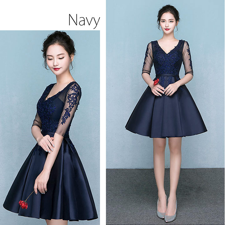 楽天市場 訳あり パーティードレス 結婚式 ワンピース 大きいサイズ有 二次会 ミニドレス ミディアム 膝丈 膝下 ブライズメイド 総レース 演奏会 パーティドレス お呼ばれ レース フレアスカート グレー シルバー ネイビー 同窓会 謝恩会 成人式 袖あり 30代