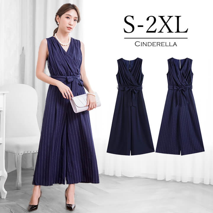 送料込 パンツドレス パンツスタイル サロペット オールインワン コンビネゾン パーティードレス 結婚式 ワンピース ワイドパンツ マキシ丈 くるぶし丈 エレガント 大人 ママ フォーマル レディース 二次会 演奏会 謝恩会 同窓会 ネイビー 紺 ストライプ 縦縞 ノ 国内最