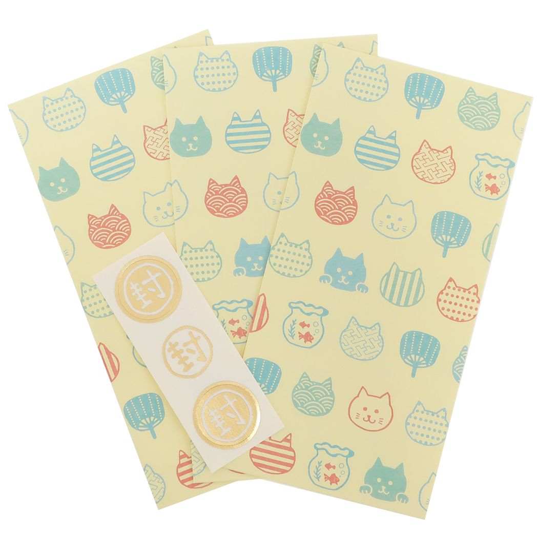 市場 ポチ袋 封シール付き ぽち袋 夏柄 ねこ4 3枚セット 大 伊予和紙ふわり フロンティア 大人可愛い