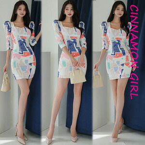 【PREMIUM】【最高級★LUXURY STYLE】【全2色】総柄タイトミニワンピース　アイボリー ピンク S/M/L【puff-n855op】( mja )(240318)シナモンガール Cinnamon Girl 超ミニ マイクロミニ 韓国 胸元 セクシー cinnamongirl レディース　2025ss