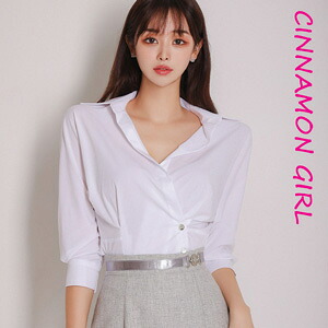 【全4色】開き襟ブラウス　アイボリー ピンク スカイブルー ブラック　S/M【del-t4233top】( vdh )(240712)シナモンガール Cinnamon Girl 超ミニ マイクロミニ 韓国 胸元 セクシー cinnamongirl レディース