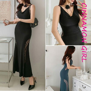 【全2色】シャーリングボートネックロングドレス　ロングワンピース　ブルーグリーン ブラック S/M/L【shirring-n25031802lux】( mja )(250423)シナモンガール Cinnamon Girl 超ミニ マイクロミニ 韓国 胸元 セクシー cinnamongirl