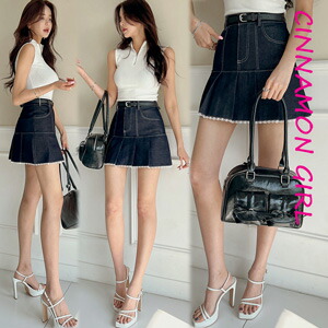 【ベルトセット】【インナーパンツ付】【全2色】デニムプリーツミニスカート ダークブルー ライトブルー S/M/L【denim-250409bsk】(lam )(250513)シナモンガール Cinnamon Girl 超ミニ マイクロミニ 韓国 胸元 セクシー cinnamongirl