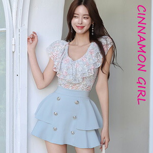 【全2色】フリルノースリーブブラウス　ピンク スカイブルー S/M/L　【mora-t4874top】( vdh )(250609)シナモンガール Cinnamon Girl 超ミニ マイクロミニ 韓国 胸元 セクシー cinnamongirl レディース