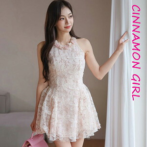 【全2色】フラワーレースフレアミニワンピース アイボリー ピンク S/M【ring-n1068op】( vdh )(250908)シナモンガール Cinnamon Girl 超ミニ マイクロミニ 韓国 胸元 セクシー cinnamongirl