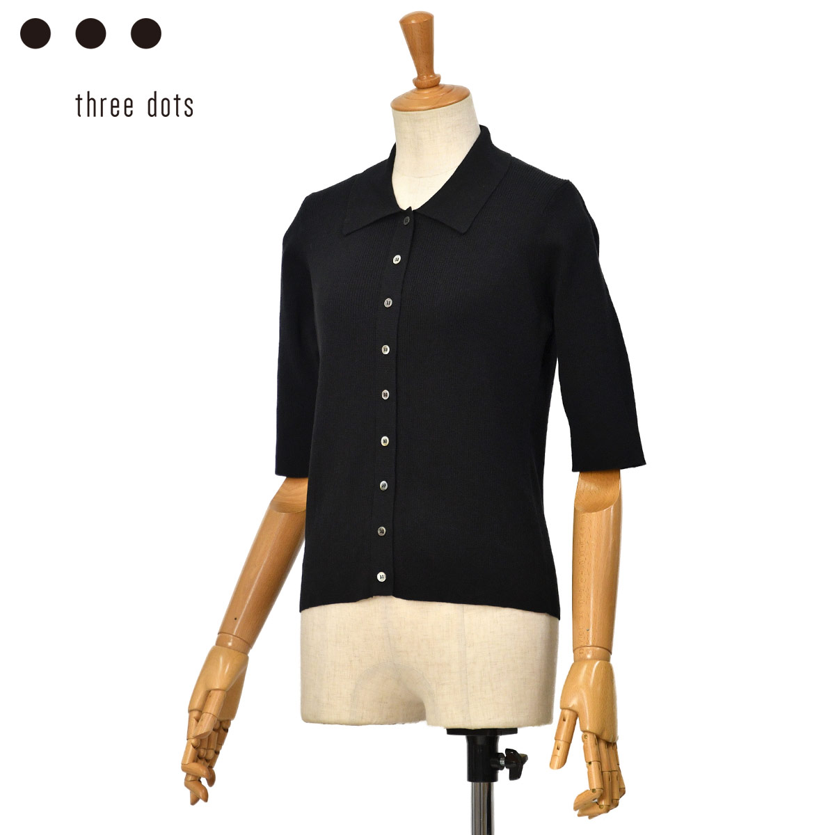 three dots【スリードッツ】ポロニット NK1001Y 019 BLACK コットン ブラック