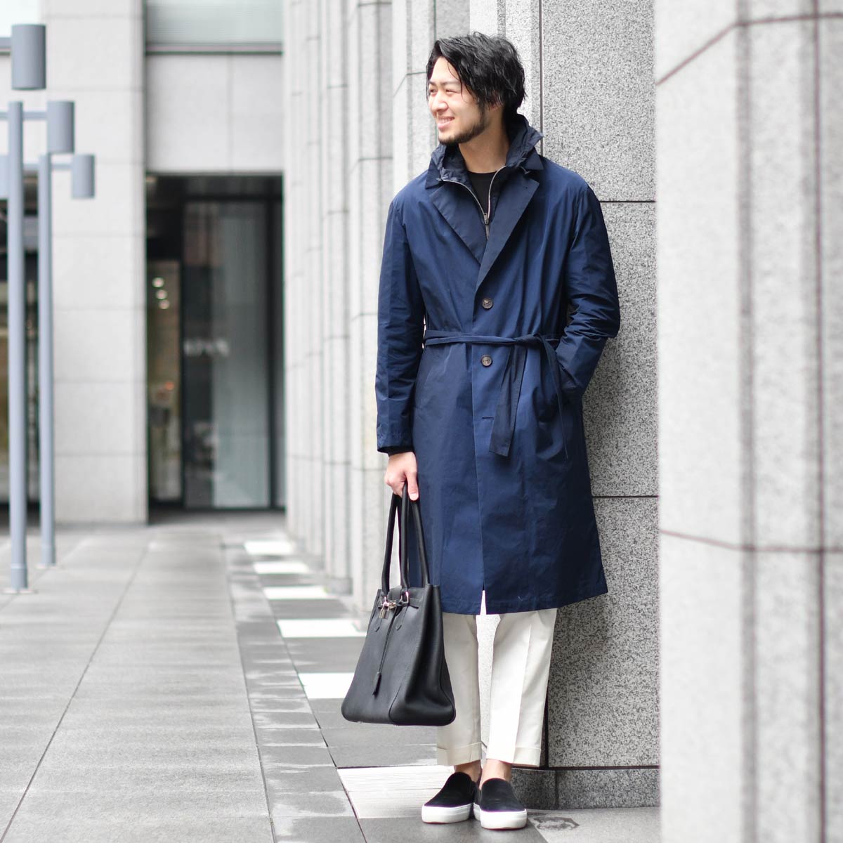 希少!HEVO OSTUNIダブルベルテッドコート ネイビー 46サイズ-