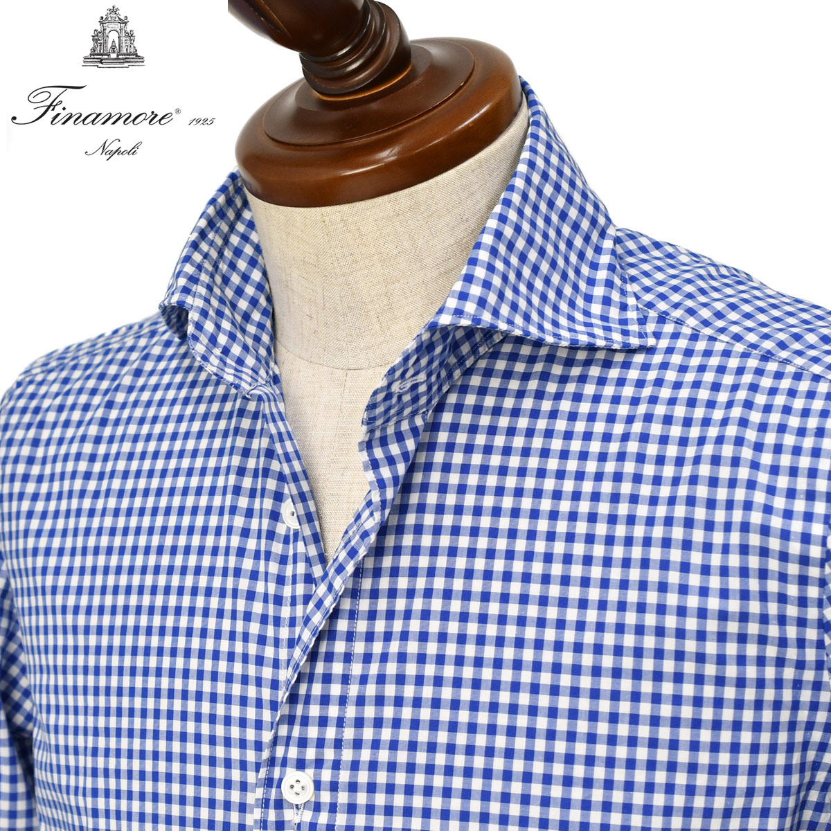 Finamore【フィナモレ】シャツ PIERO BALI C0042 5 コットン ギンガムチェック ブルー×ホワイト