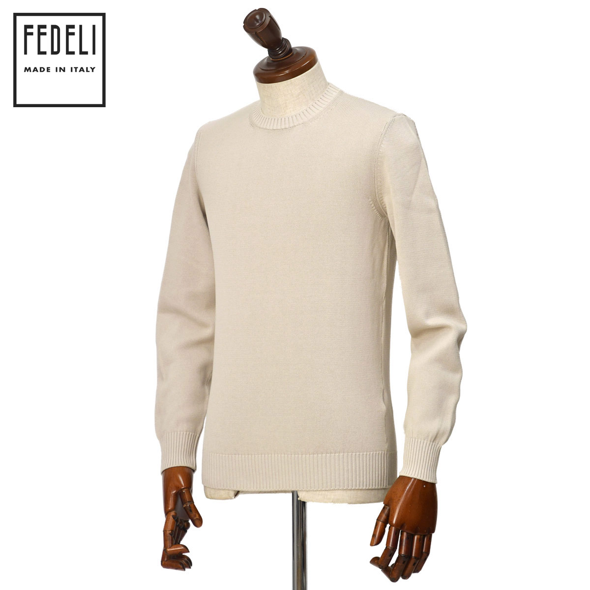 【4/14(火)20：00～ 最大5,000円オフクーポン】FEDELI【フェデーリ】クルーネックニット ARG.8 ML. GIZA L. DUSTY 59 8G コットン オイスター