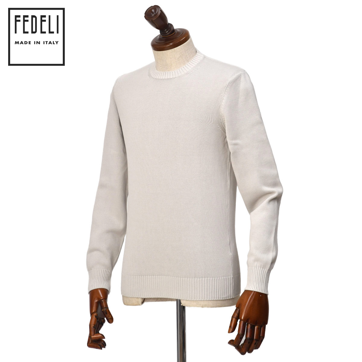 【4/14(火)20：00～ 最大5,000円オフクーポン】FEDELI【フェデーリ】クルーネックニット ARG.8 ML. GIZA L. DUSTY 58 8G コットン ライトグレー 28,600円