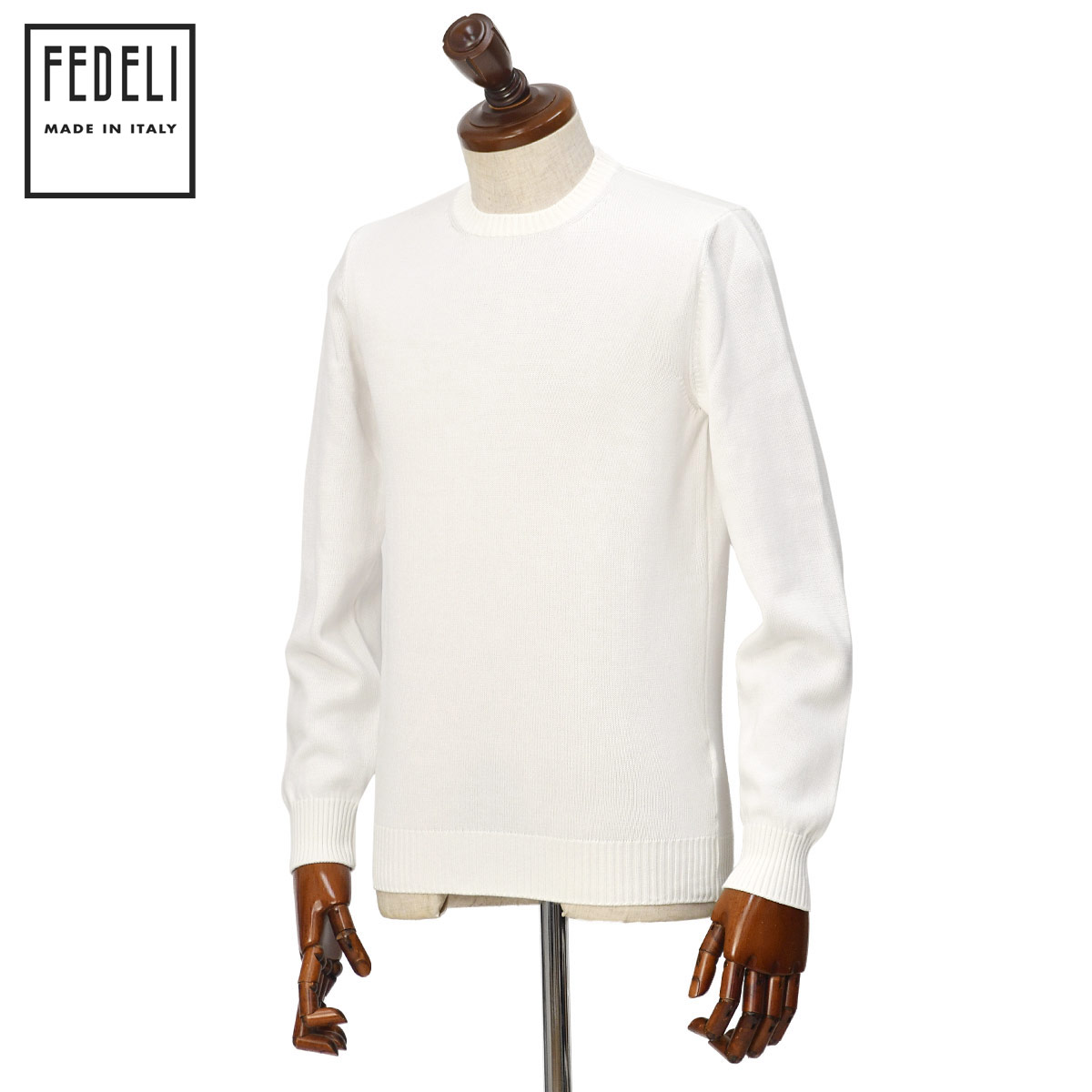 【4/14(火)20：00～ 最大5,000円オフクーポン】FEDELI【フェデーリ】クルーネックニット ARG.8 ML. GIZA L. DUSTY 163 8G コットン チョークホワイト