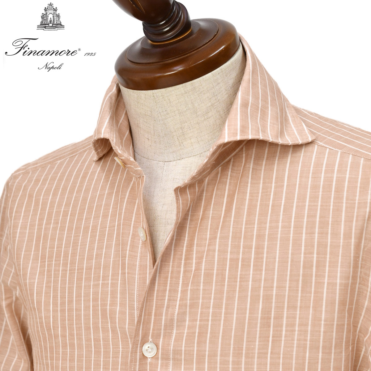 Finamore【フィナモレ】シャツ PIERO BALI M0655 3 コットン リネン ストライプ サーモンピンク