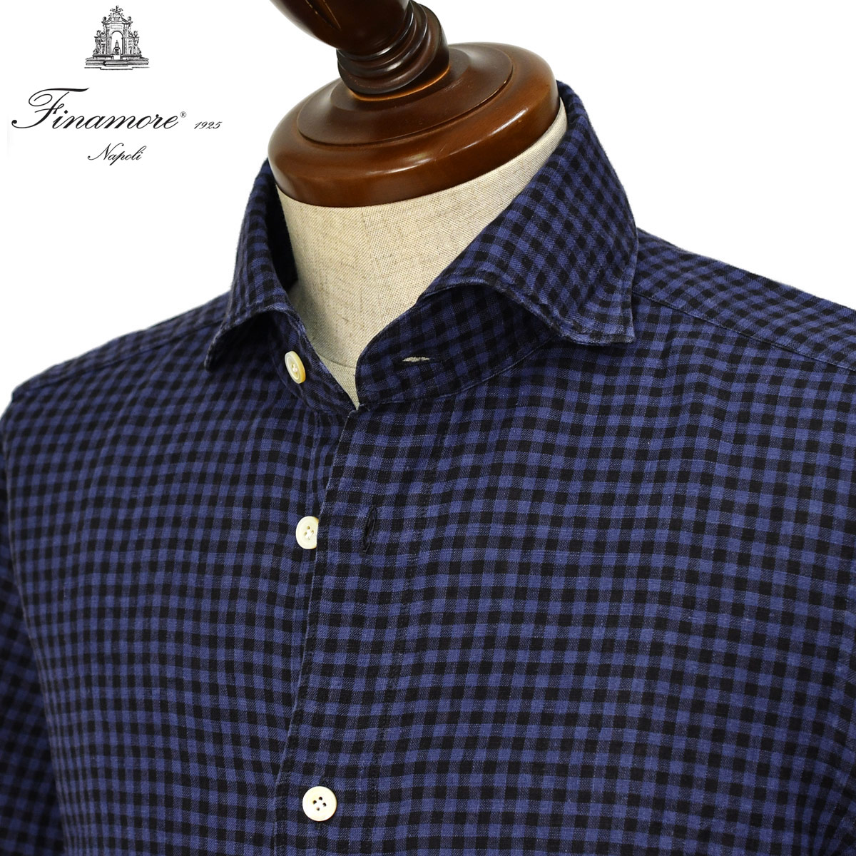 【決算大感謝SALE】Finamore【フィナモレ】シャツ PIERO BALI M0083D 4 コットン リネン ギンガムチェック ネイビー&times;ブラック｜ＣＩＮＱＵＥ　ＣＬＡＳＳＩＣＯ