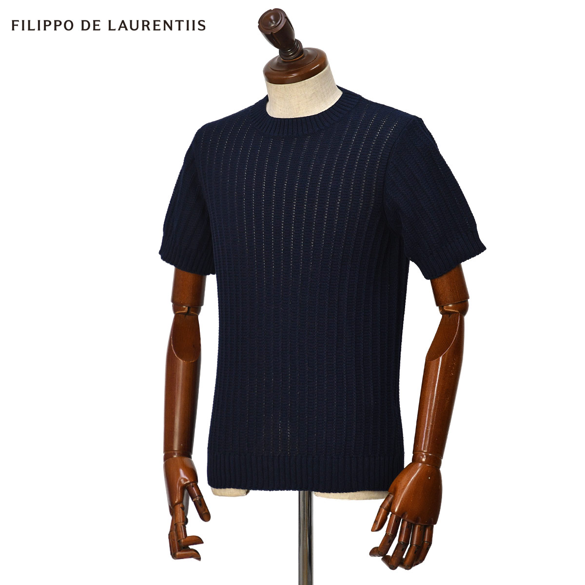 【最大3,000円オフクーポン】FILIPPO DE LAURENTIIS【フィリッポ デ ローレンティス】ローゲージすかし編みクルーネックニット GC3MC04 CM7B 891 コットン 7G インクブルー｜ＣＩＮＱＵＥ　ＣＬＡＳＳＩＣＯ