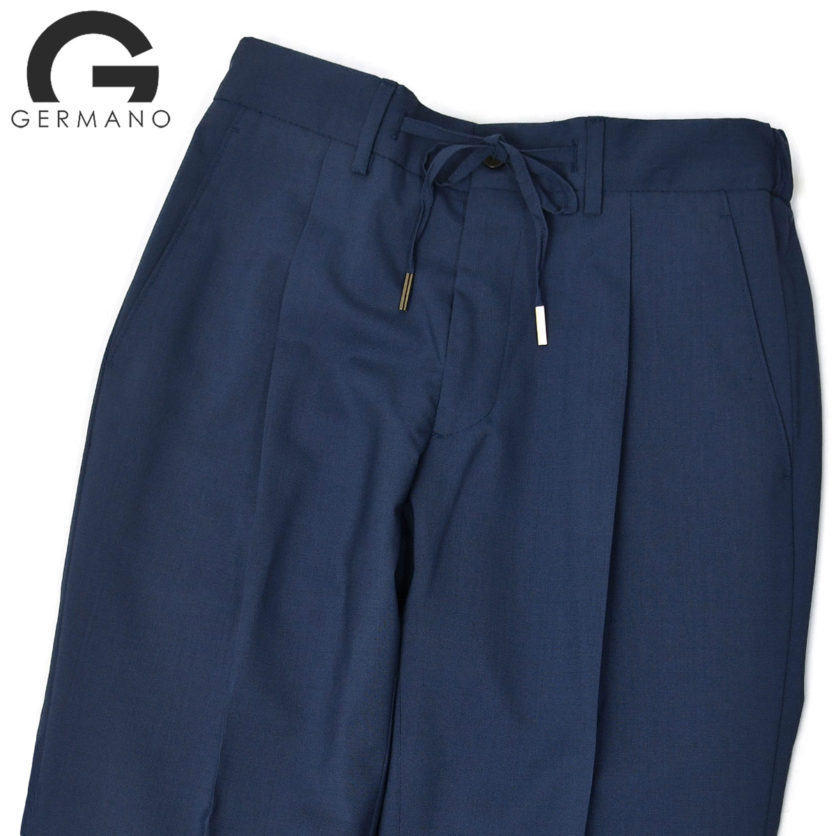 【4/14(火)20：00～ 最大5,000円オフクーポン】【FINAL SALE】GERMANO【ジェルマーノ】ドローコード付きワンプリーツパンツ 8604 203 バックシャーリング ウール ポリエステル ストレッチ ブルー