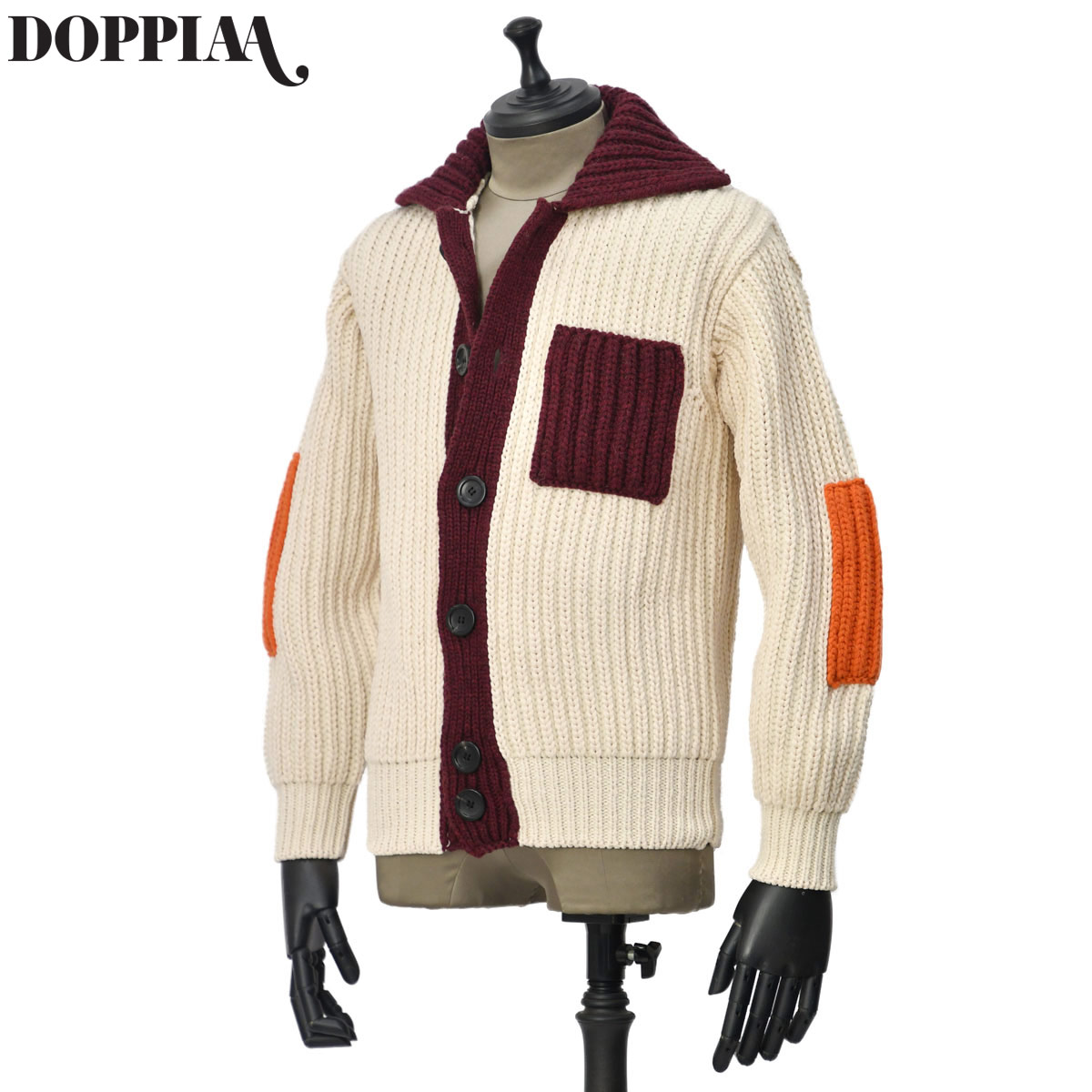 【最大3,000円オフクーポン】【FINAL SALE】【size44,48】DOPPIAA【ドッピアアー】ニットブルゾン AANICE R7800 02 PIANNA ウール ポリアミド オフホワイト ボルドーオレンジ｜CINQUE un ALTRO