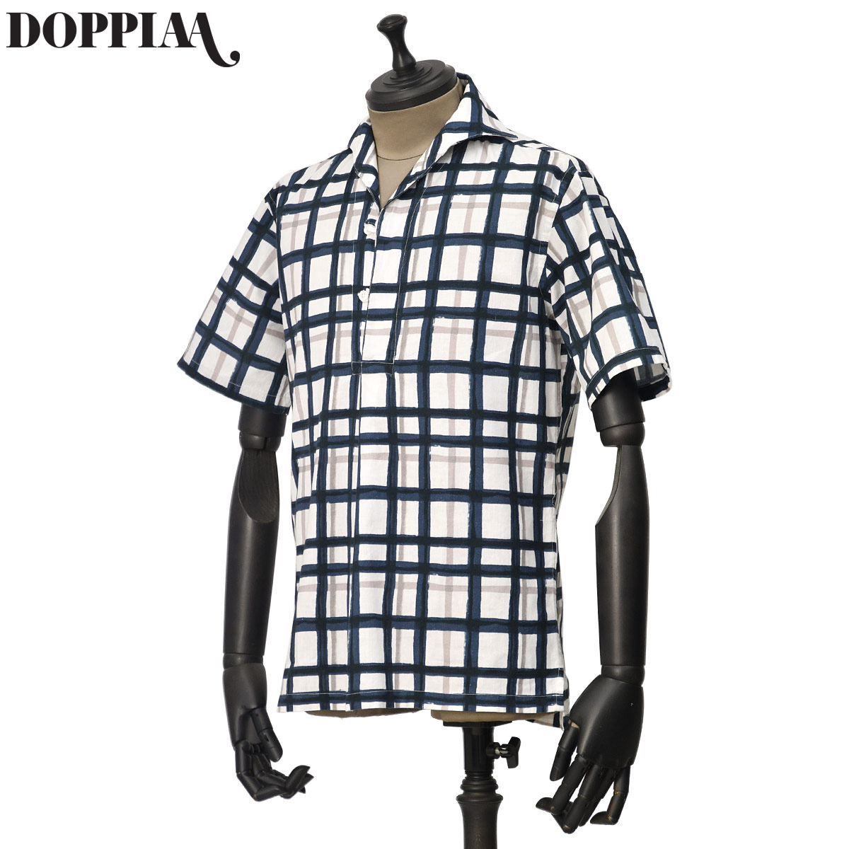 【最大5,000円オフクーポン】【FINAL SALE】DOPPIAA【ドッピアアー】半袖カプリシャツ AAPIERO MC.L V4408 0220 PANNA E BLU MARINE コットン ペイントチェック ネイビー ホワイト