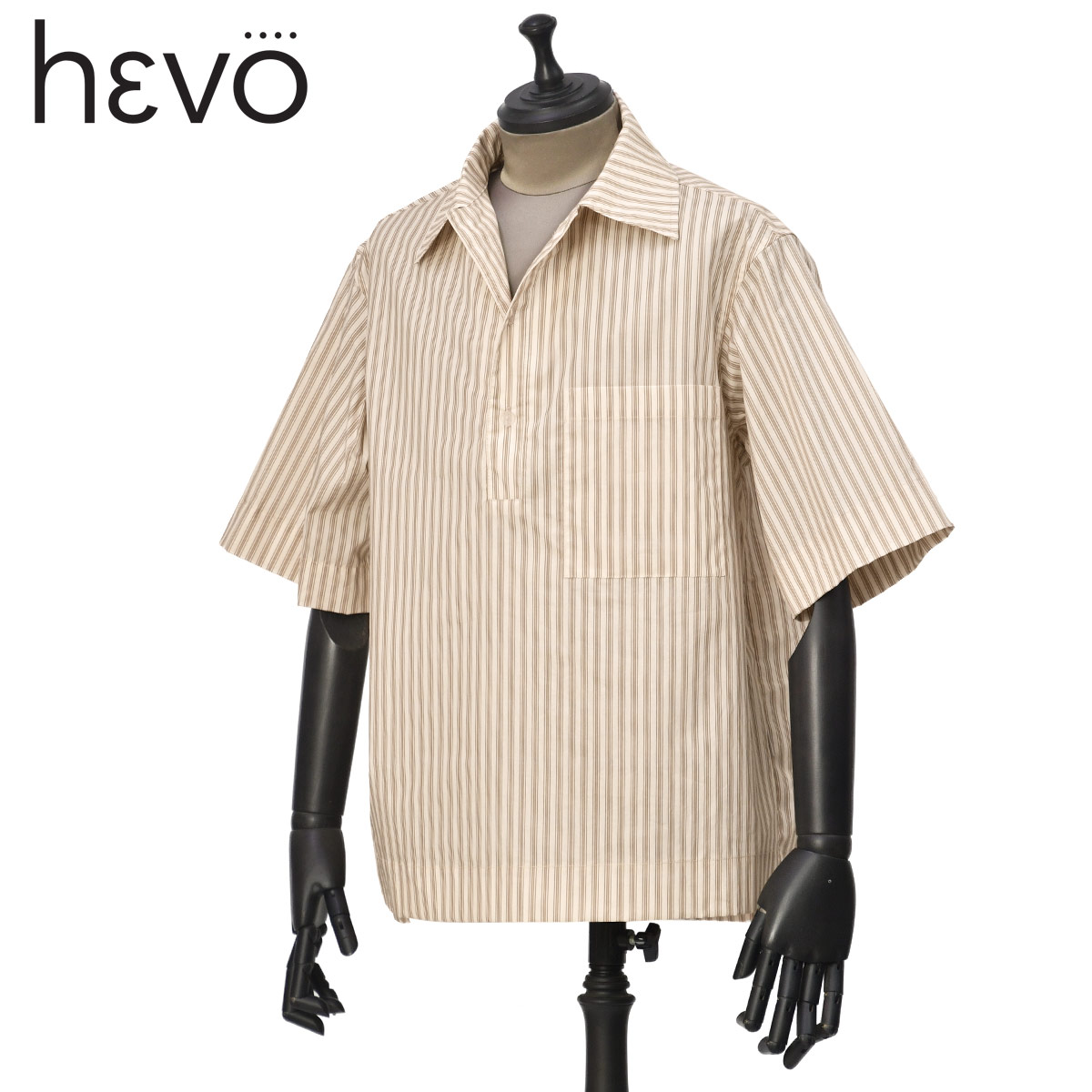 HEVO【イーヴォ】半袖プルオーバーシャツ MONTURSI 080 L720 0605 コットン ストライプ ベージュ