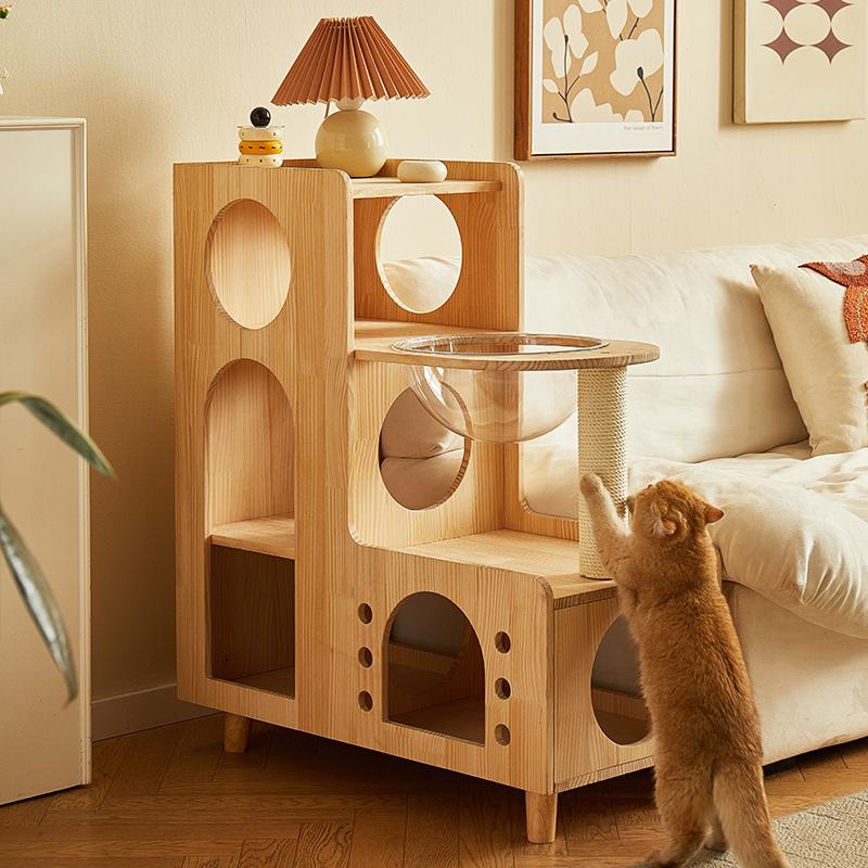【生まれながら木当て嵌める】オール時節相応う 猫円柱＆棲み家一体型 多頭飼い相応う 爪とぎ付き添い人 省空白文字 手ごわい 猫用調度品 キャットステージ