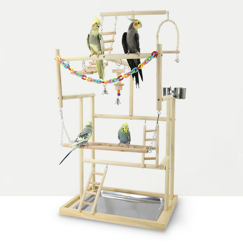 【3層設計】インコ 大型 バードアスレチック スタンド 遊び場 止まり木 スイング ラダー ベル付き 食器 水飲み 鳥の巣 セキセイインコ 文鳥 安全 天然木 組み立て簡単 ケージ外 運動