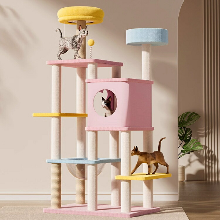 【省スペース大型猫タワー】猫ハウス&爪とぎ台一体型 コンパクト多機能キャットツリー 跳び台付き 小?型向け 頑丈ペット家具|サークルイン 店