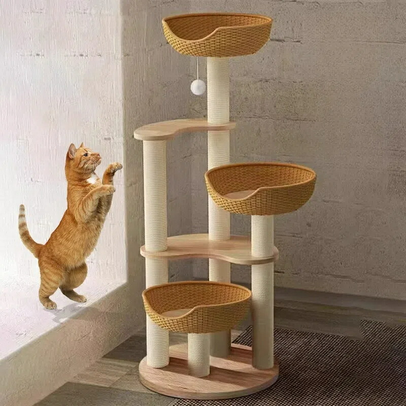 天然木 籐編み キャットタワー 猫ハウス一体型 コンパクト設計 省スペース 多頭飼い対応 キャットステップ付き オールシーズン対応 サイザル麻使用 爪とぎ対策｜サークルイン 店