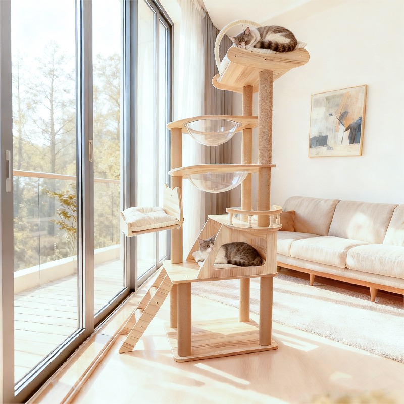 【3役一体】キャットタワー 爪とぎ 猫ハウス おもちゃ付き スペースキャビン2個搭載 多段式 登り棒 猫じゃらし 大型種も安心 耐荷重◎ シンプル ブラウン/グレー 部屋になじむ｜サークルイン 店