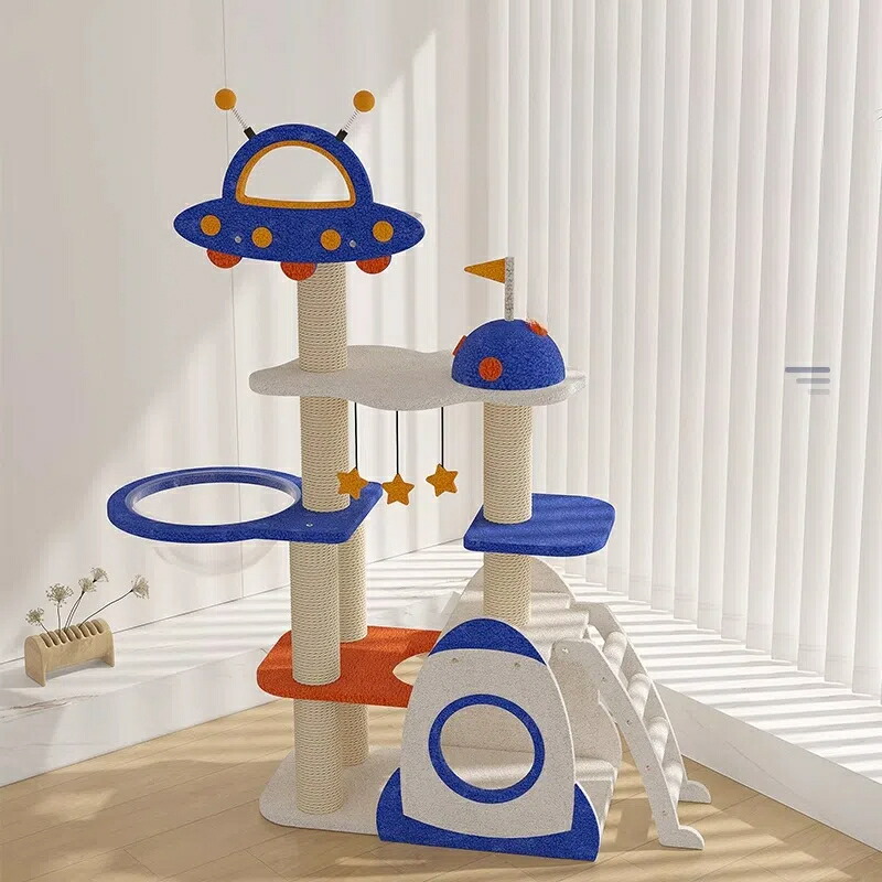 【宇宙船キャビン付き】キャットタワー 猫用 省スペース 縦型 爪とぎ柱 ジャンプ台 キャットハウス一体型 おしゃれ 室内 コンパクト 人気 ペット家具｜サークルイン 店