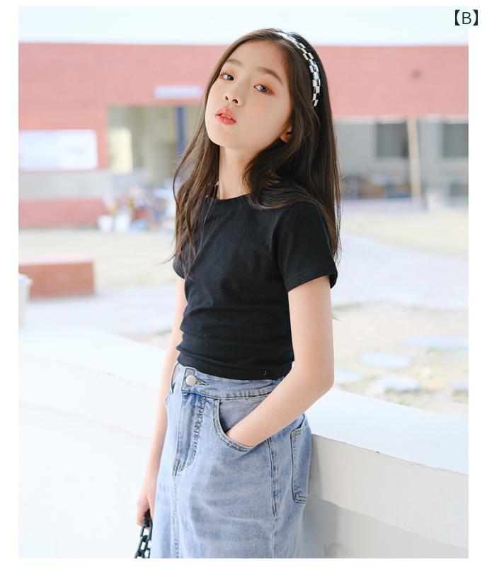 女の子デニムスカートトップスコットン綿女児キッズ子供用ガールズ夏韓国半袖ラウンドネック