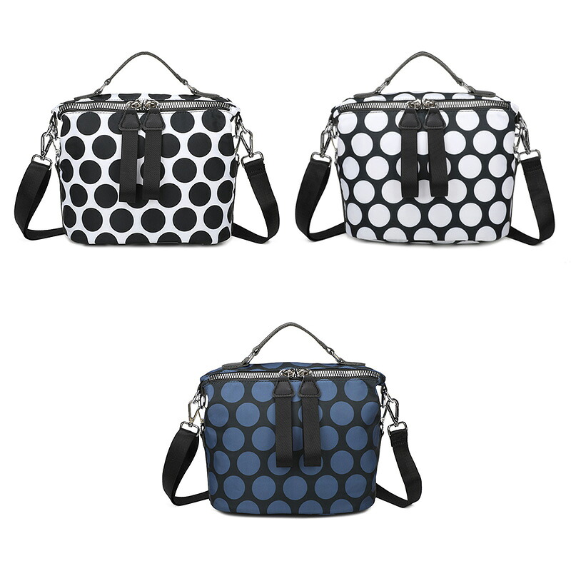 《コインドット柄ショルダーバッグ》コインドット柄 ドット柄 水玉模様 ショルダーバッグ 2WAYバッグ ミニバッグ マチありバッグ ファスナー付き 外ポケット付き ナイロン100％ 軽量 撥水 丈夫 黒 ブラック 白 ホワイト ブルー ネイビー おしゃれ かわいい 大人可愛い