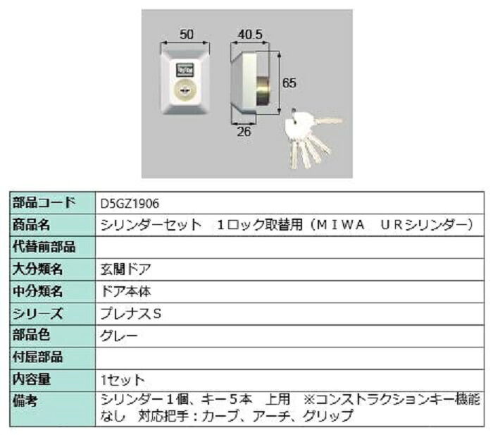 シリンダーセット 1ロック取替用 MIWA / URシリンダー 部品色:グレー D5GZ1906 交換用 部品 LIXIL リクシル TOSTEM トステム|Clair(クレール)店