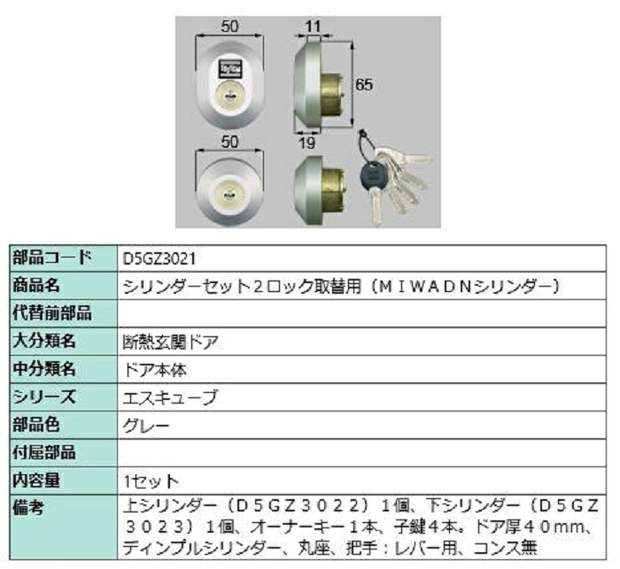 シリンダーセット 2ロック取替用 MIWA / DNシリンダー 部品色：グレー D5GZ3021 交換用 部品 LIXIL リクシル TOSTEM トステム