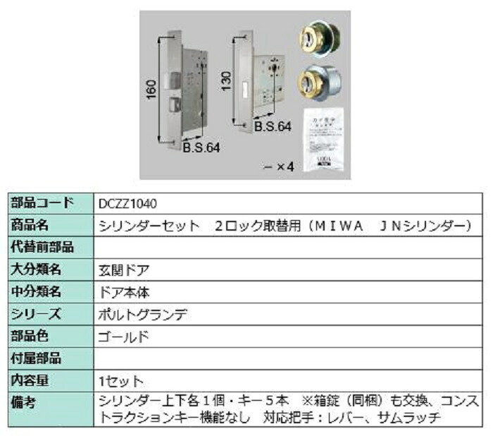 円柱書き割り 2鍵を掛ける取替用 MIWA / JN円柱 部分品色：ゴールド DCZZ1040 取り替えっこ用 部分品 LIXIL リクシル TOSTEM トステム