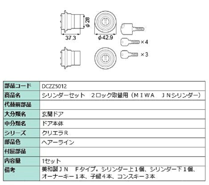 円柱書き割り 2鍵を掛ける取替用 / MIWA JN円柱 部分品色：ヘアーライン DCZZ5012 取り替えっこ用 部分品 LIXIL リクシル TOSTEM トステム