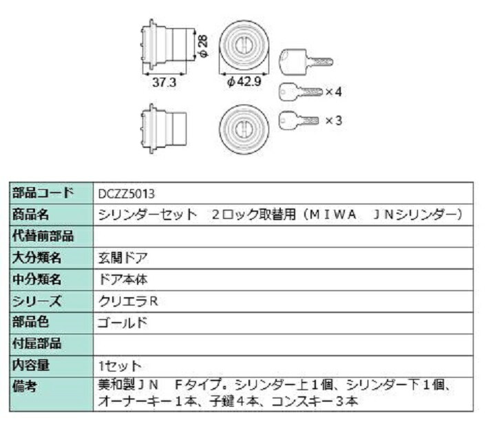 円柱書き割り 2鍵を掛ける取替用 / MIWA JN円柱 部分品色：ゴールド DCZZ5013 取り替えっこ用 部分品 LIXIL リクシル TOSTEM トステム