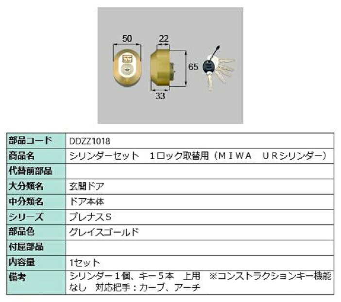シリンダーセット 1ロック取替用 MIWA / URシリンダー 部品色:グレイスゴールド DDZZ1018 交換用 部品 LIXIL リクシル TOSTEM トステム|Clair(クレール)店
