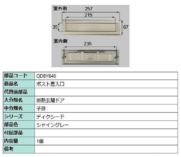 ポスト差入口 / 1個入り 部品色：シャイングレー QDBY846 交換用 部品 LIXIL リクシル TOSTEM トステム