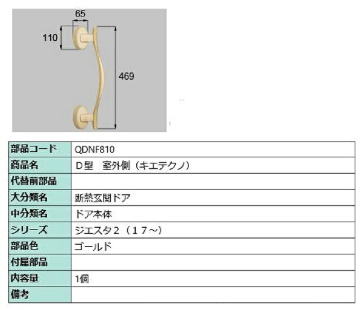 D型 室外側用ハンドル キエテクノ仕様 / 本体用 部品色：ゴールド QDNF810 交換用 部品 LIXIL リクシル TOSTEM トステム