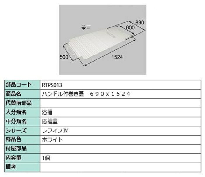 手持ち部分付き添い人巻き蓋 690粍 × 1,524粍 部分品色：白いこと RTPS013 取り替えっこ用 部分品 LIXIL リクシル TOSTEM トステム 日用品雑貨・文房具・手芸-風呂ふた-バス用品