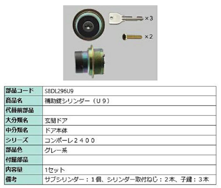 かばい立て錠円筒 / U9 部分品色：薄墨色系 S8DL296U9 取り替えっこ用 部分品 新日軽 LIXIL リクシル TOSTEM トステム 花・ガーデン・DIY-木材・建築資材・設備-交換用シリンダー