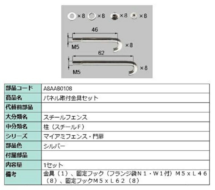 パネル取付金具セット / 1セット入り 部品色：シルバー A8AAB0108 交換用 部品 新日軽 LIXIL リクシル TOSTEM トステム
