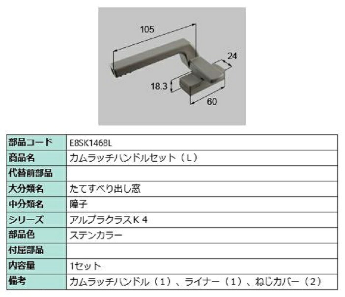カムラッチハンドルセット / L 部品色：ステンカラー E8SK1468L 交換用 部品 新日軽 LIXIL リクシル TOSTEM トステム