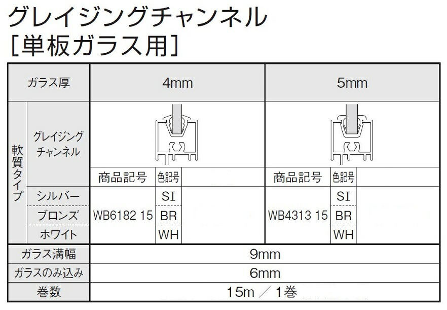 【楽天市場】グレイジングチャンネル ガラス厚：5mm用 15m / 1巻 WB4313-15 部品色：シルバー(SI) 交換用 部品 三協
