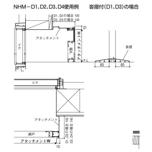 ドア用アタッチメント中折網戸 NHM型用 NHM-D4 140見込 沓摺無 アタッチメントW：929mm × アタッチメントH：2,011mm YKK AP