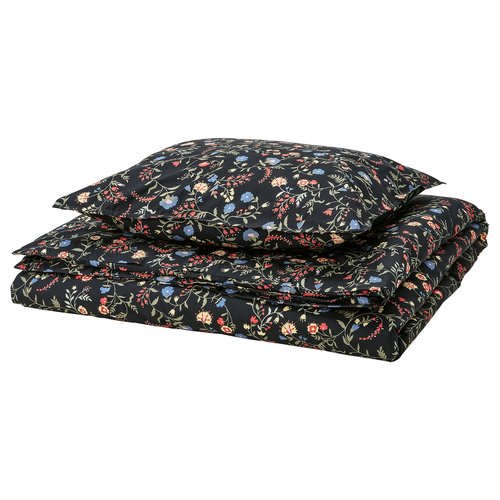 IKEA イケア 掛け布団カバー＆枕カバー ブラック マルチカラー/フローラルパターン 150x200/50x60 cm m50614817 BRUDKRUSBAR ブルードクルスベール