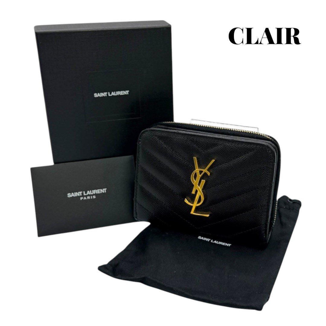 【美品】SAINT LAURENT PARIS サンローランパリ 紙入れ YSL キャビア人はだ 黒いこと 黒 レディース パウダーコンパクト紙入れ ラウンドジップ紙入れ