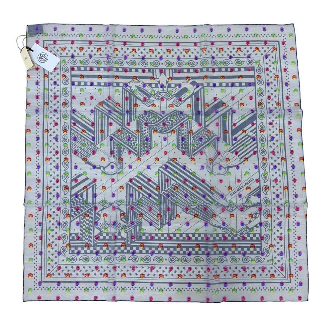 【中古】エルメス えり巻き カレ60 地絹 ジグザグサングル 虹霓一点 Zig Zag Pois Rainbow レディース HERMES