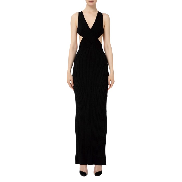 【正規代理店取扱商品】新品50％OFFELISABETTA FRANCHI(エリザベッタフランキ) 二ットロングドレス タイトなフィット 大胆なカッティング 深いVゾーン ゴールドロゴプレート｜CLANTE OUTLET店