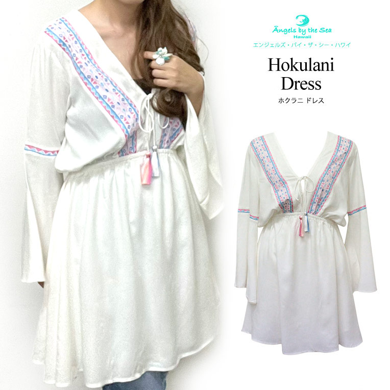 ハワイ リゾート 夏 おしゃれ Angels by the Sea Hawaii ショートドレス ホワイト XS  L723W 刺繍 白 ショートワンピ チュニック ハワイ リゾート 夏 おしゃれ Angels by the Sea Hawaii